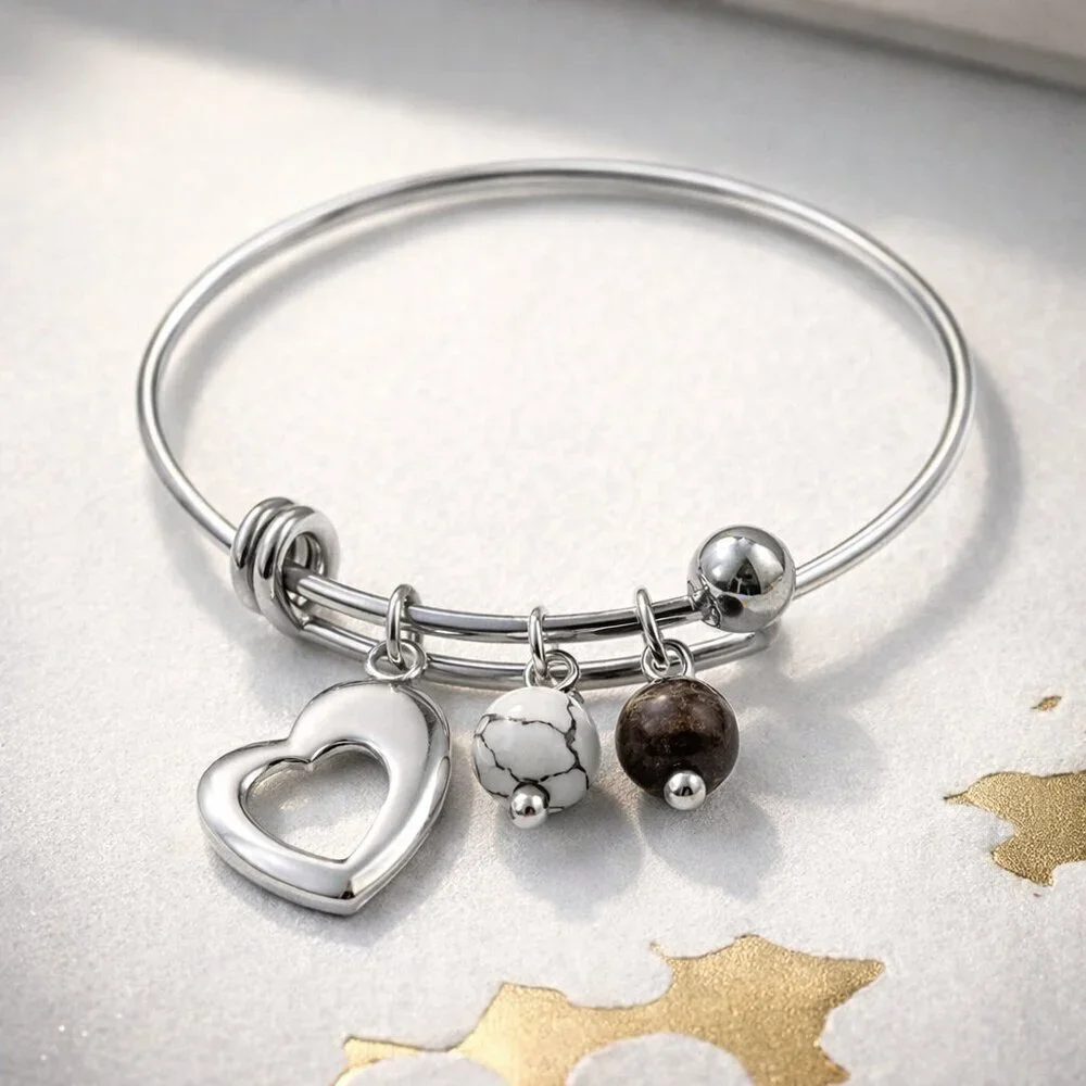 18K Gold Plated Boho Chic Bangle with Heart Tiger's Eye & Magnesite Charms ✨